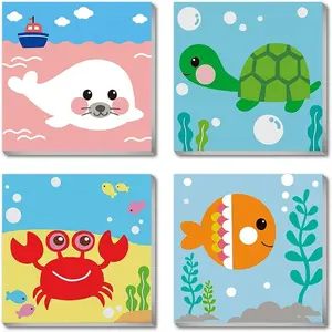 Canrichshop 4 Pack Framed Paint by Numbers Kit for Kids,Cute Sea Animals Painting Kits for Ages 4-6,Easy Paint by Number Kids Paint for Beginner,DIY Acrylic Oil Painting Kit for Wall Decor(8X8inch)