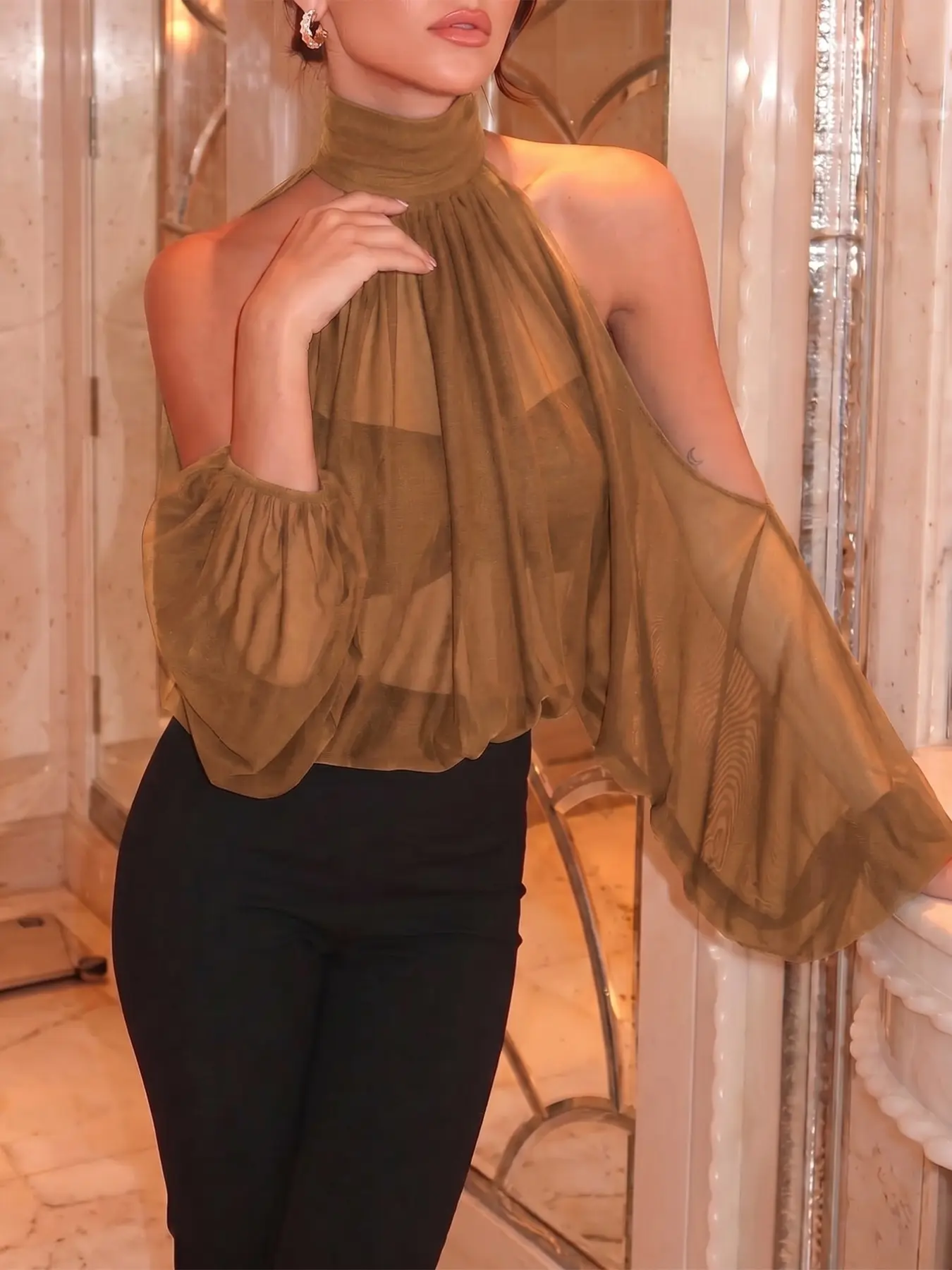 Women Sheer Mesh Halter Blouse Sexy High Neck Top Long Puff Sleeve Cold Shoulder See Through Shirt Elegant Draped Bodice Y2K Clubwear Party Going Out Top Chic Evening Wear Fashion Blouse