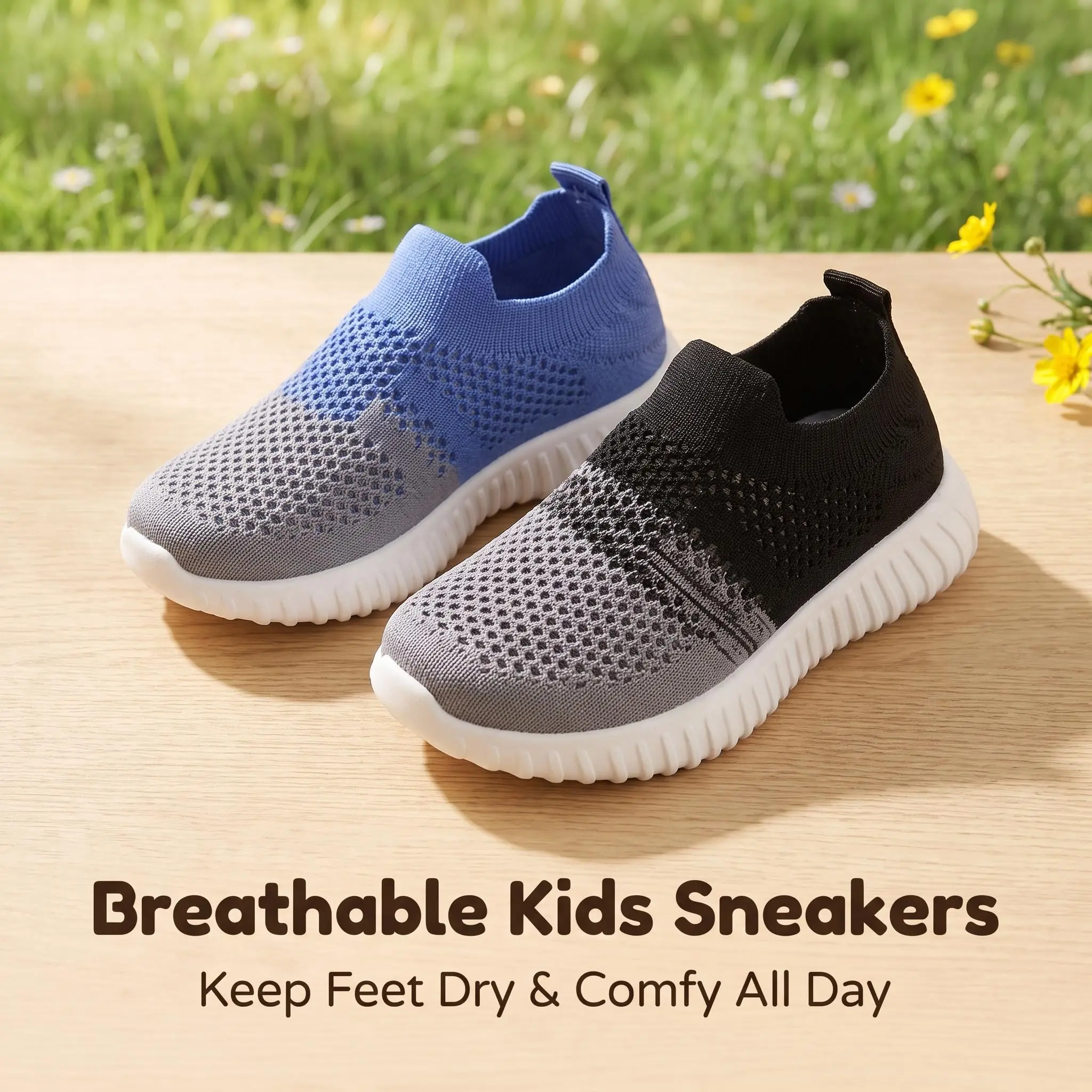Boys Girls Gradient Hollow Mesh Slip On Sneakers, Lightweight Breathable Kids Daily Walking Shoes All-Season