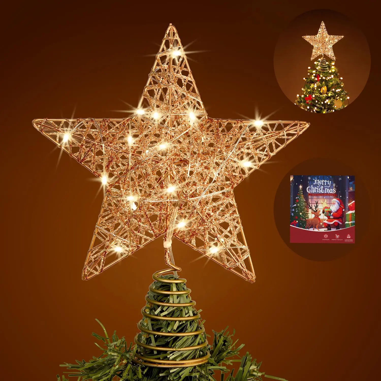 Christmas  Tree Topper, 10 in Santa  Rose  Wire Glitter  for Christmas Tree Decorations, 20 LED Lights Metal Treetop Xmas Decor for Indoor Office  Year Holiday Tree Decoration