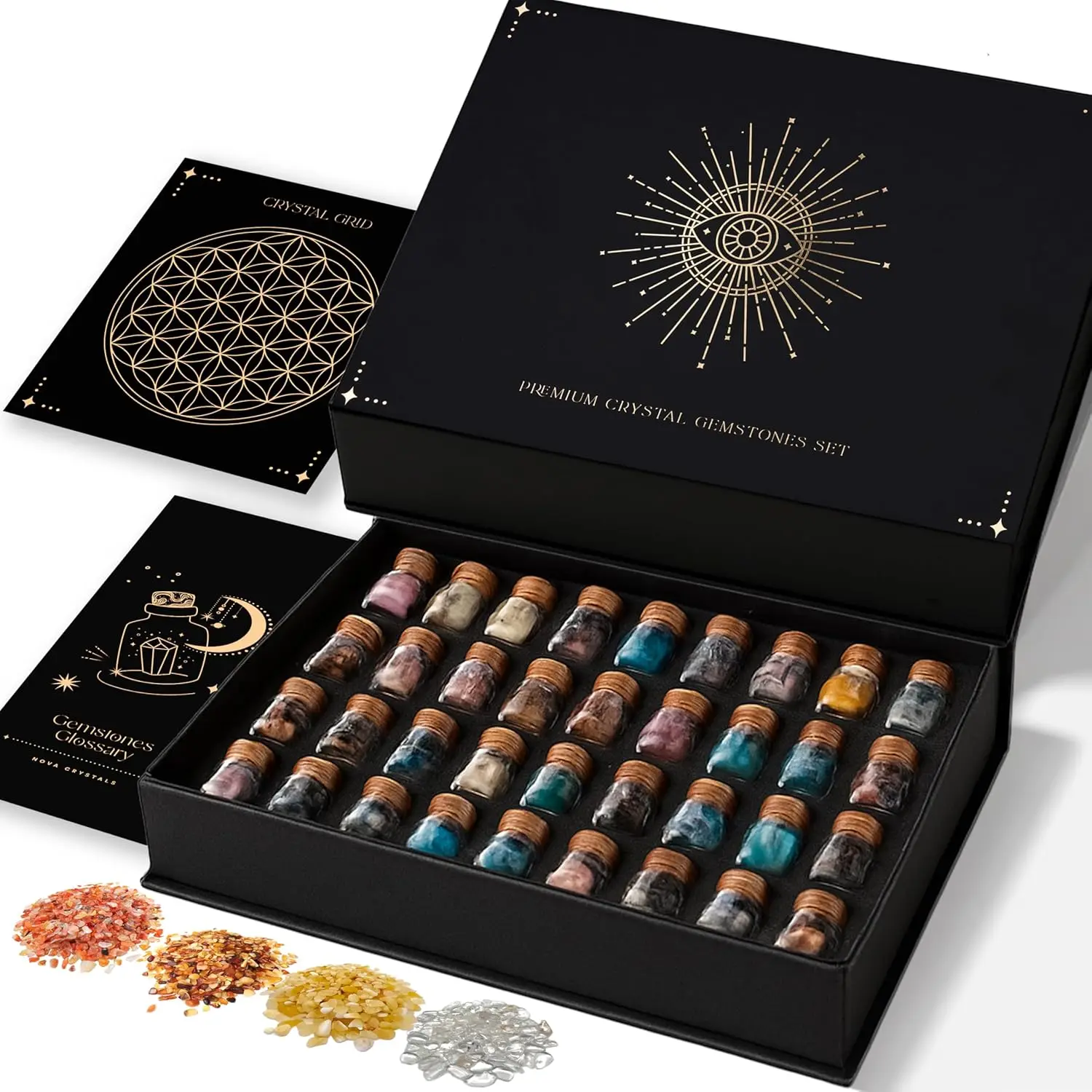 Set of 50 Crystals and Healing Stones| Healing Crystals in Spell Jars with Cork| Witchcraft Supplies| Real Crystal Kit with Crystal Grid