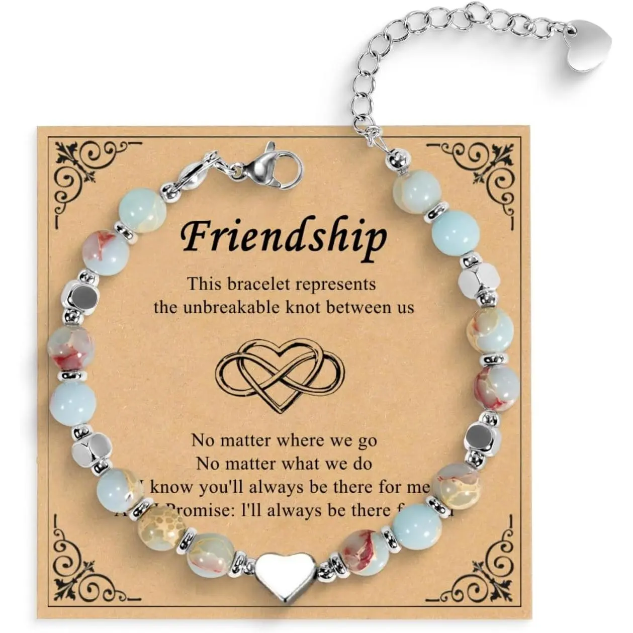 for Women  Stone Beads Friendship Bracelet with Heart Charm, Soul Sister , Adjustable Stainless Steel BFF
