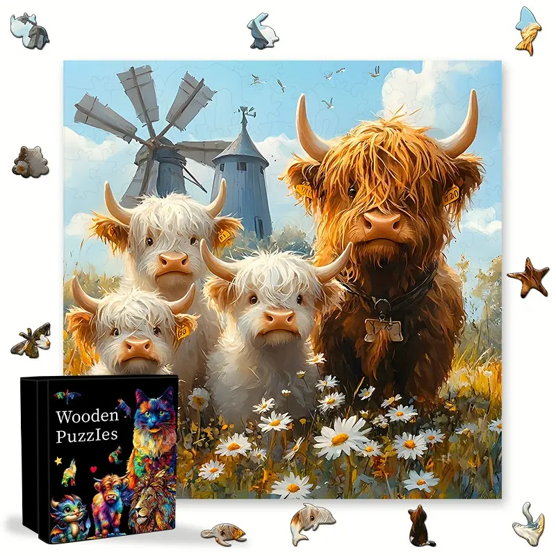 Cute Fluffy Highland Cow Puzzle, Adult Wooden Puzzle, Relaxing Windmill Garden Art, Perfect Christmas Gift for Puzzle Lovers