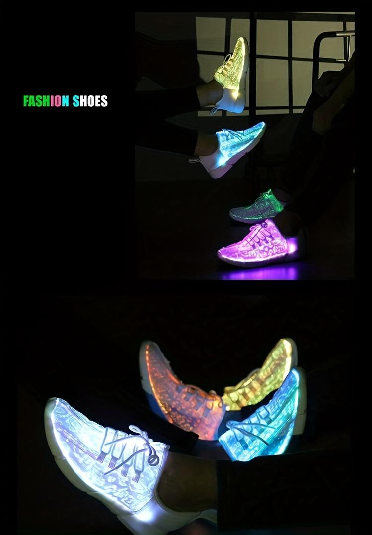 Men's and women's fashionable sports shoes with colorful flashing lights, rechargeable and breathable, suitable for parties, outdoor sports, weddings and daily wear, casual shoes, lace-up style, modern shoes colorful shoelace