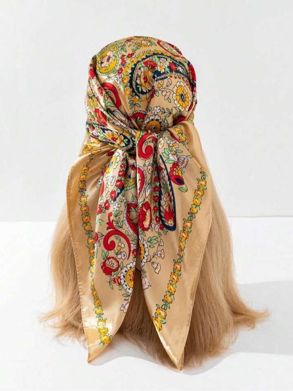 90*90 cm Floral Paisley Silk Scarf, Vintage Plain Design for Women, All-Season Fashion Shawl and Headband