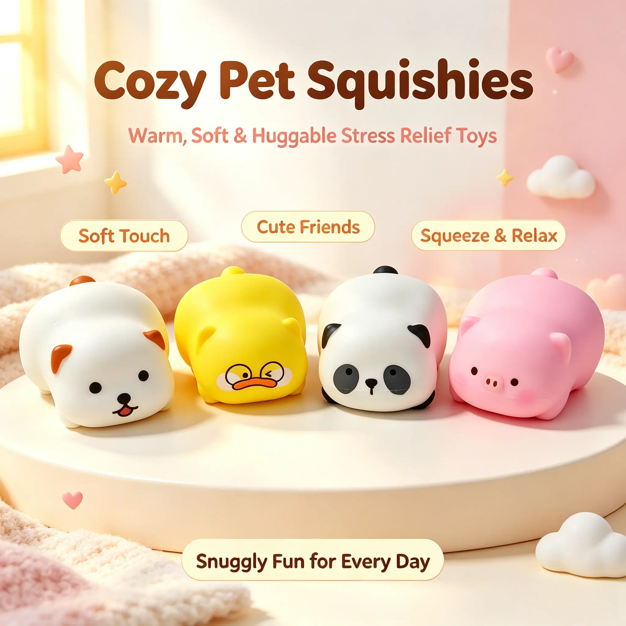 Animal Faces Squishy Toy Set Pack - Compact, Dustproof, Soft Touch, Crunchy Sound Fidget Accessory with Puppy, Yellow Duck, Panda, Pink Pig Designs, Portable Stress Relief Desk Item, Ideal Gift for Teens & Adults (Selfie Accessory Companion)