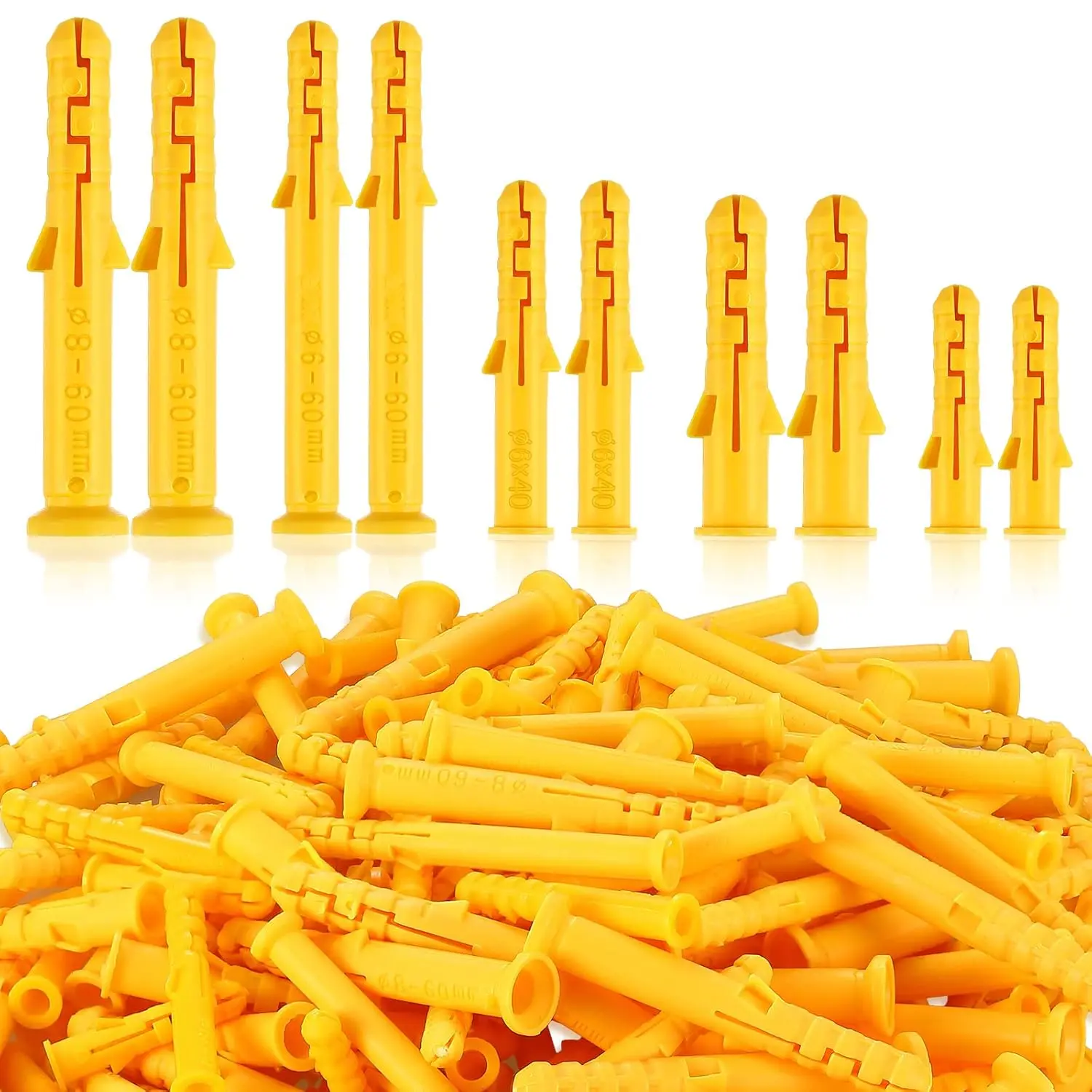 200 count 5 Sizes Yellow Plastic Drywall Anchors Wall Anchors Kit  for Drywall  Mounting Installation  Office