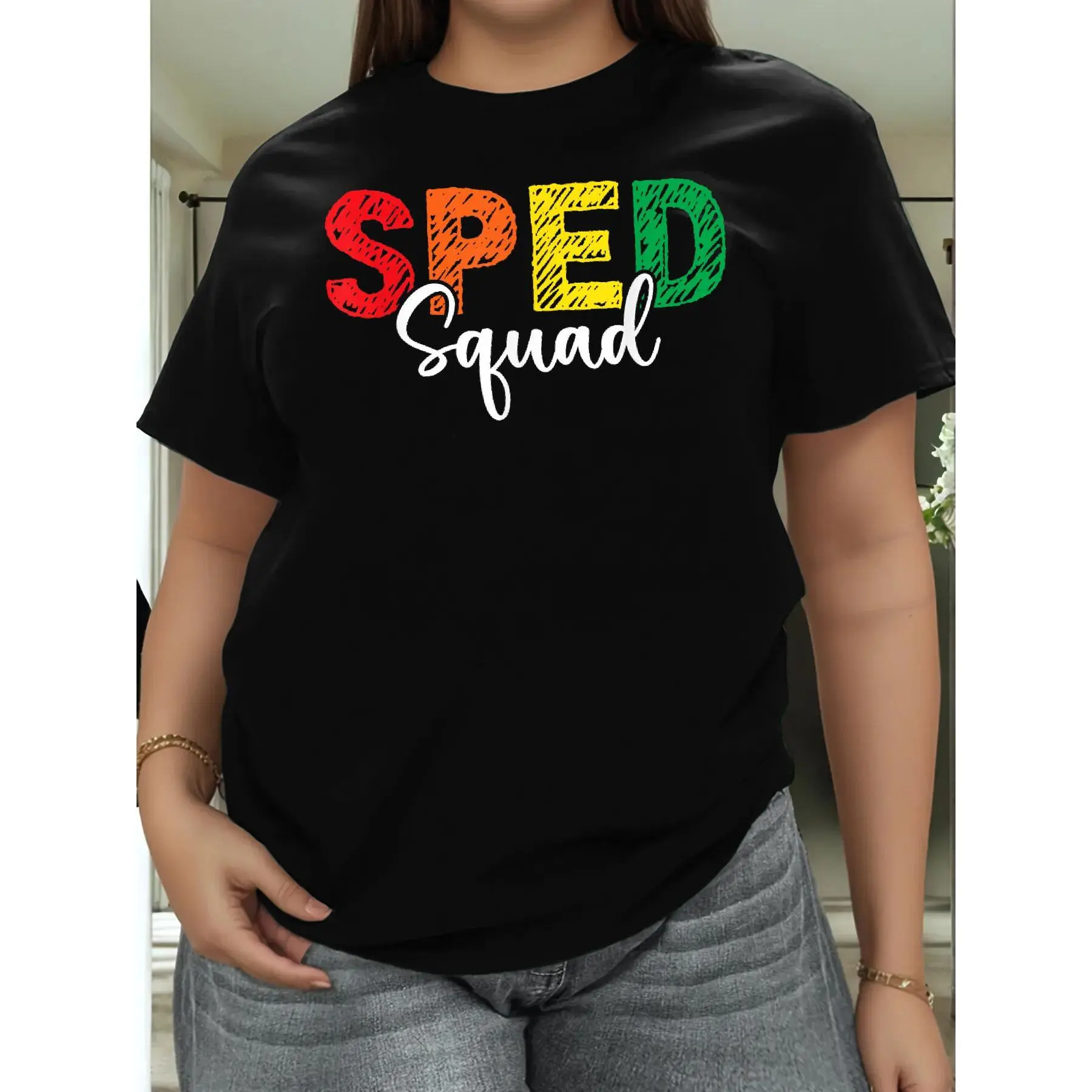 SPED Squad Special Education Teacher Dream Team Matching ED Plus Size Women’s Cotton T-Shirt, Loose Fit Crew Neck Short Sleeve Tee, Soft Breathable Casual Summer Top for Everyday Wear