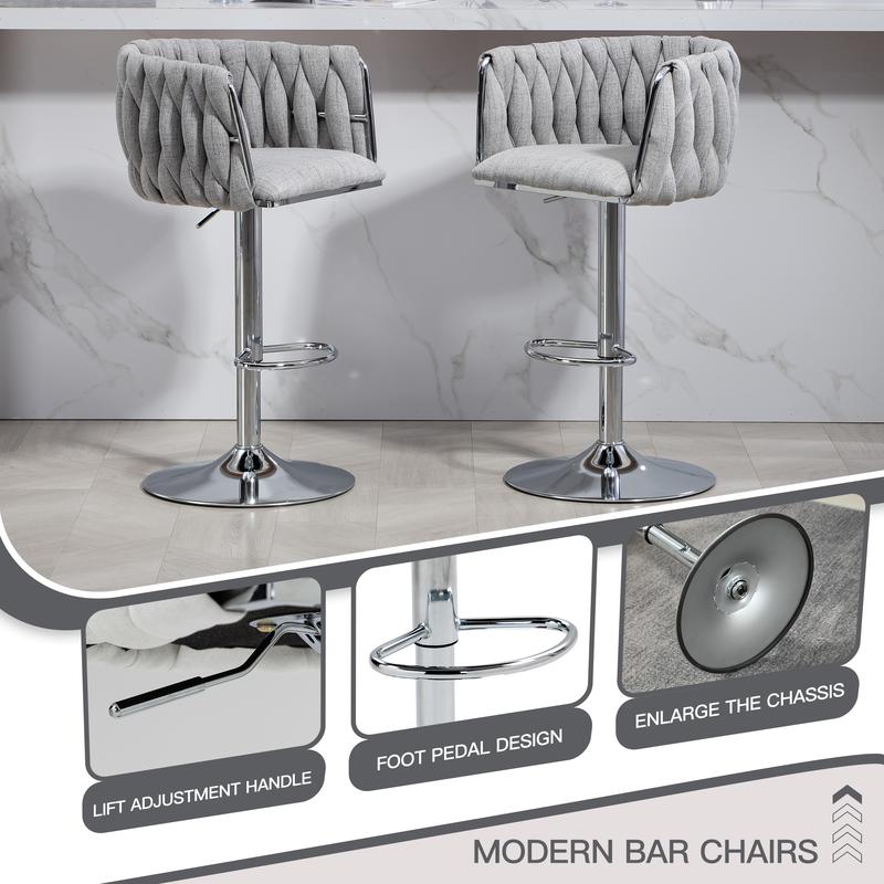[Bellemave]360° Fabric cover Swivel Bar Stools Set of 2, Adjustable Counter Height Bar Chairs with Woven Back & Footrest,Silver chromed  Bar Stools for Kitchen Island, Cafe, Pub (Gray)
