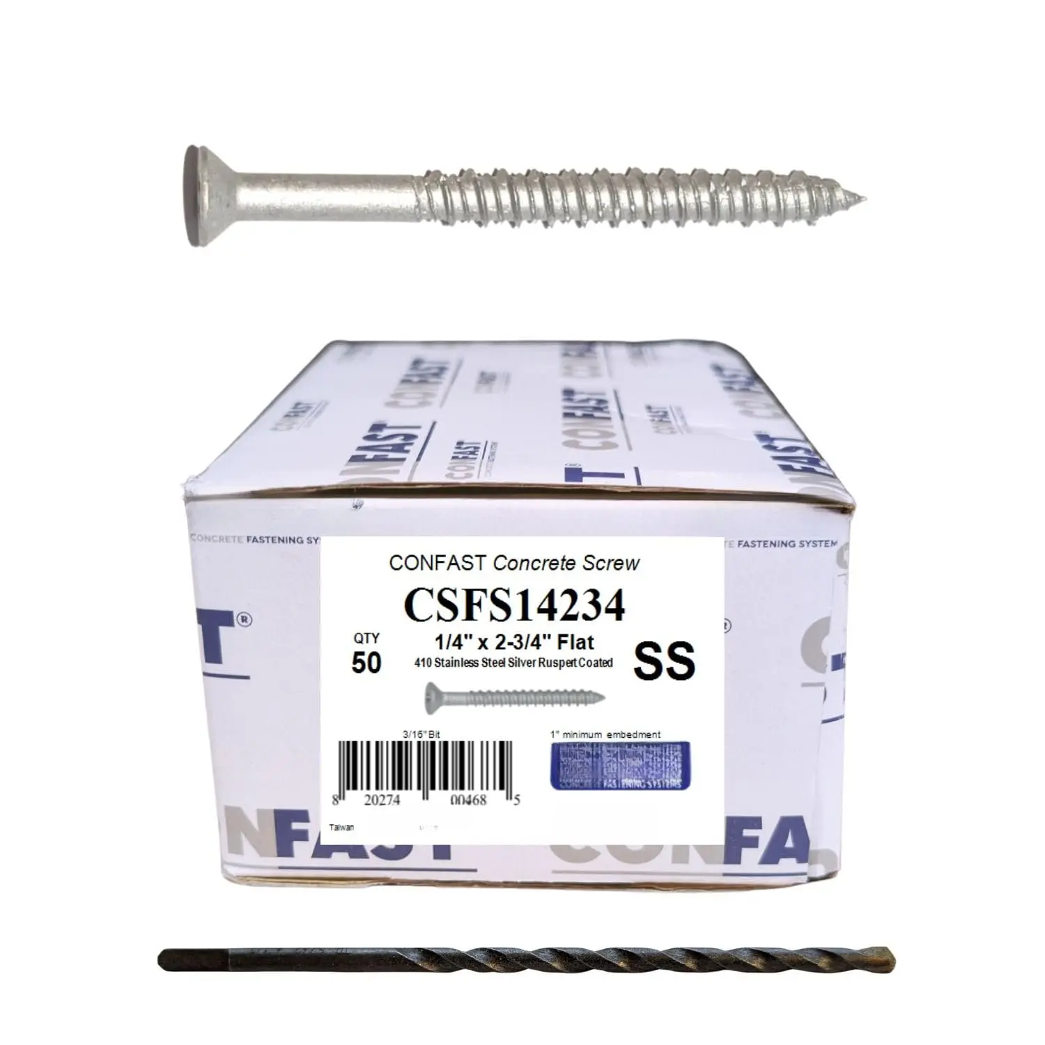 1/4" x 2-3/4" Concrete Screws 410 Stainless Steel | Phillips Flat Countersunk with Concrete Drill Bit for Anchoring to Masonry, Block or Brick 50 per Box