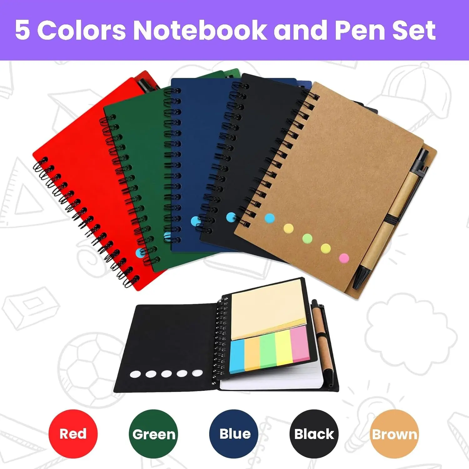 5-Pack Spiral Coil Notebook Pen Set, 60 Sheets/120 Pages Lined Mini Pocket Notebook with Pens, Business Office & School Use, 5 Colors, Spiral Notebooks