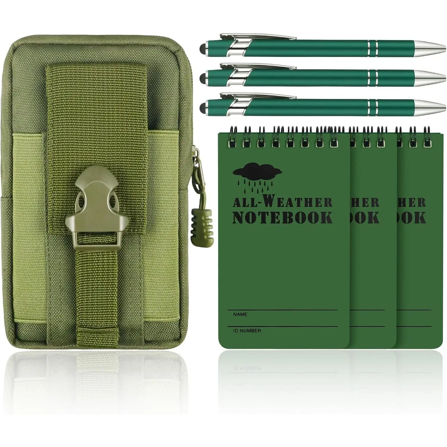 7 Piece Waterproof Notebook, 3 X 5 Inch waterproof notebook and pen with Waterproof Multi Functional Waist Pack for Outdoor Activities Recording (Army Green)Gift.