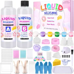 Mikiwon Taba Squishy Kit, 18OZ 1:1AB Liquid Silicone Set with 6 Molds, Bubble Free Decompression Squishies Gift Squishies Kit with Guide & Flocking Powder DIY Squishies Maker