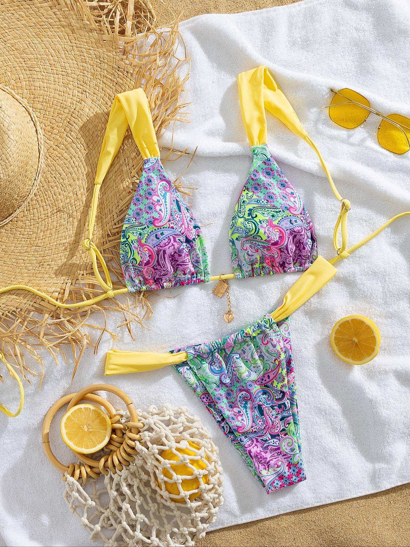 Women's Patchwork Print Bikini Set, Casual Adjustable Strap Tie Back Swim Top & Swim Bottom, Women's Swimsuit for Summer Beach Holiday Vacation, Patchwork Bikini Sets