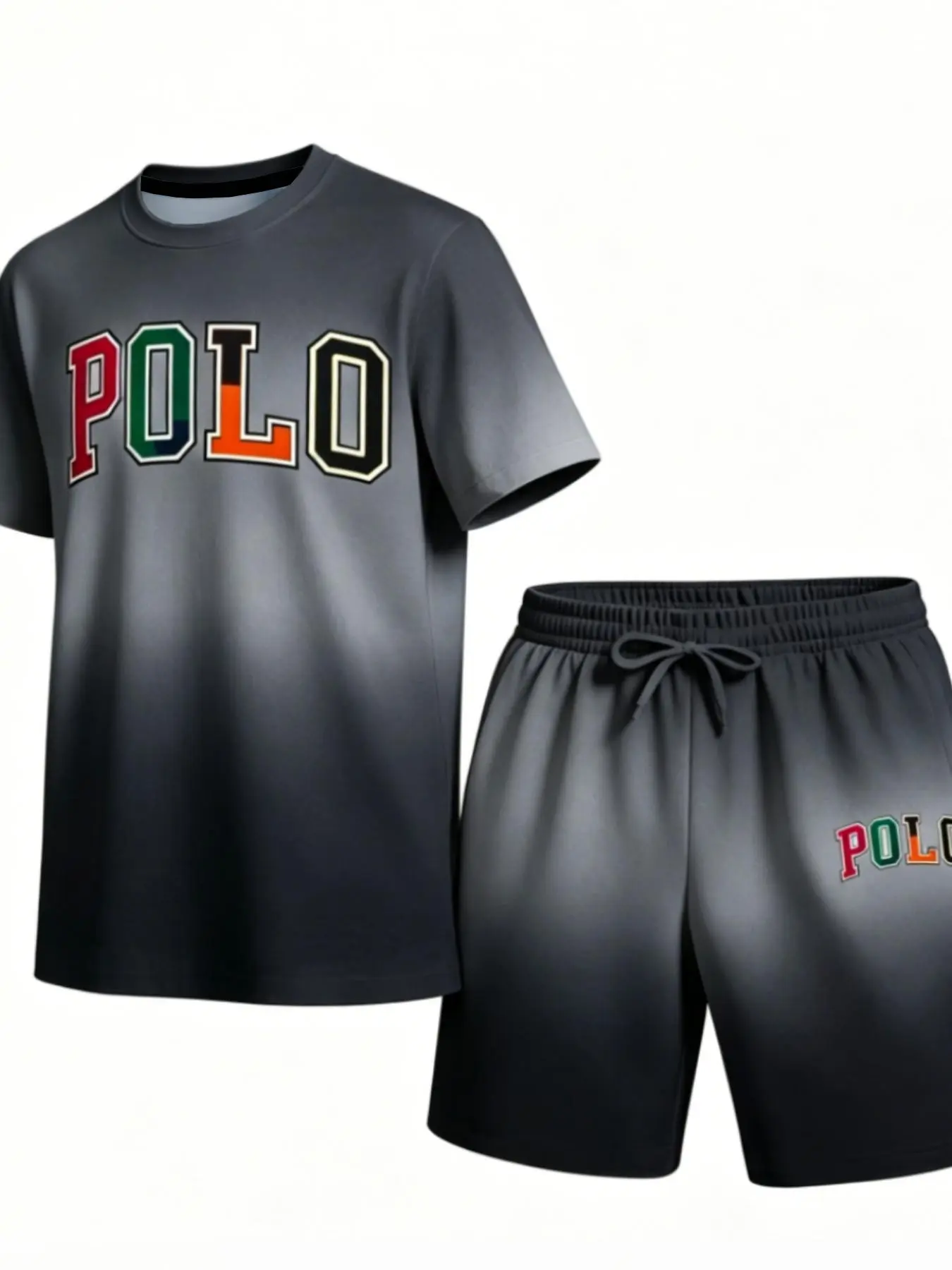 American Gradient Sports Set, Trendy Letter Print Short Sleeve Shorts Two-Piece Set, Casual Cartoon Pattern Polo Shirt, Casual Activewear Set, Casual Fitness Sportswear