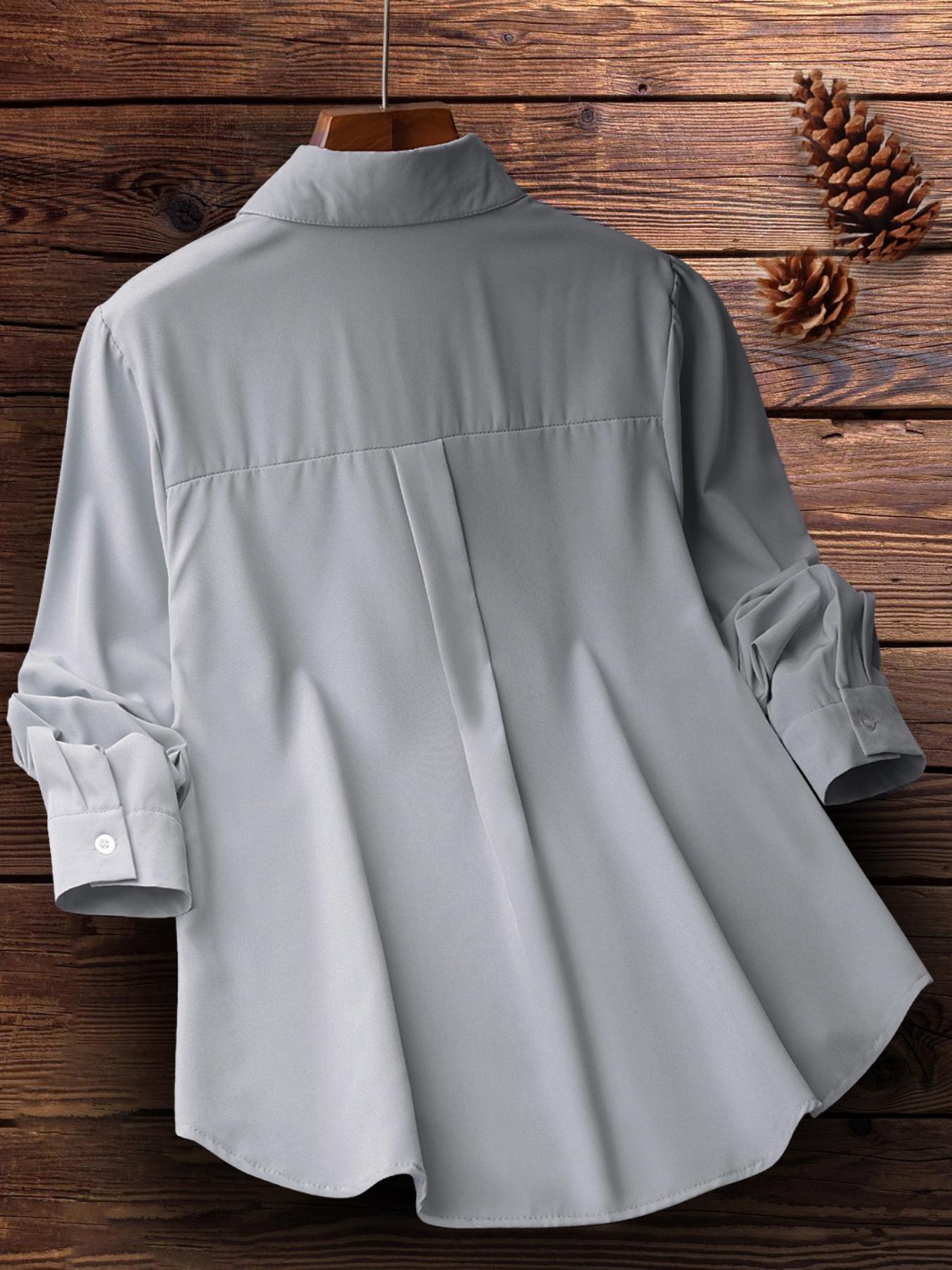 Women's Floral Embroidery Plicated Button Front Shirt, Fashion Casual Long Sleeve Collared Top for Daily Outdoor Wear, Ladies Clothes for Spring, Womenswear