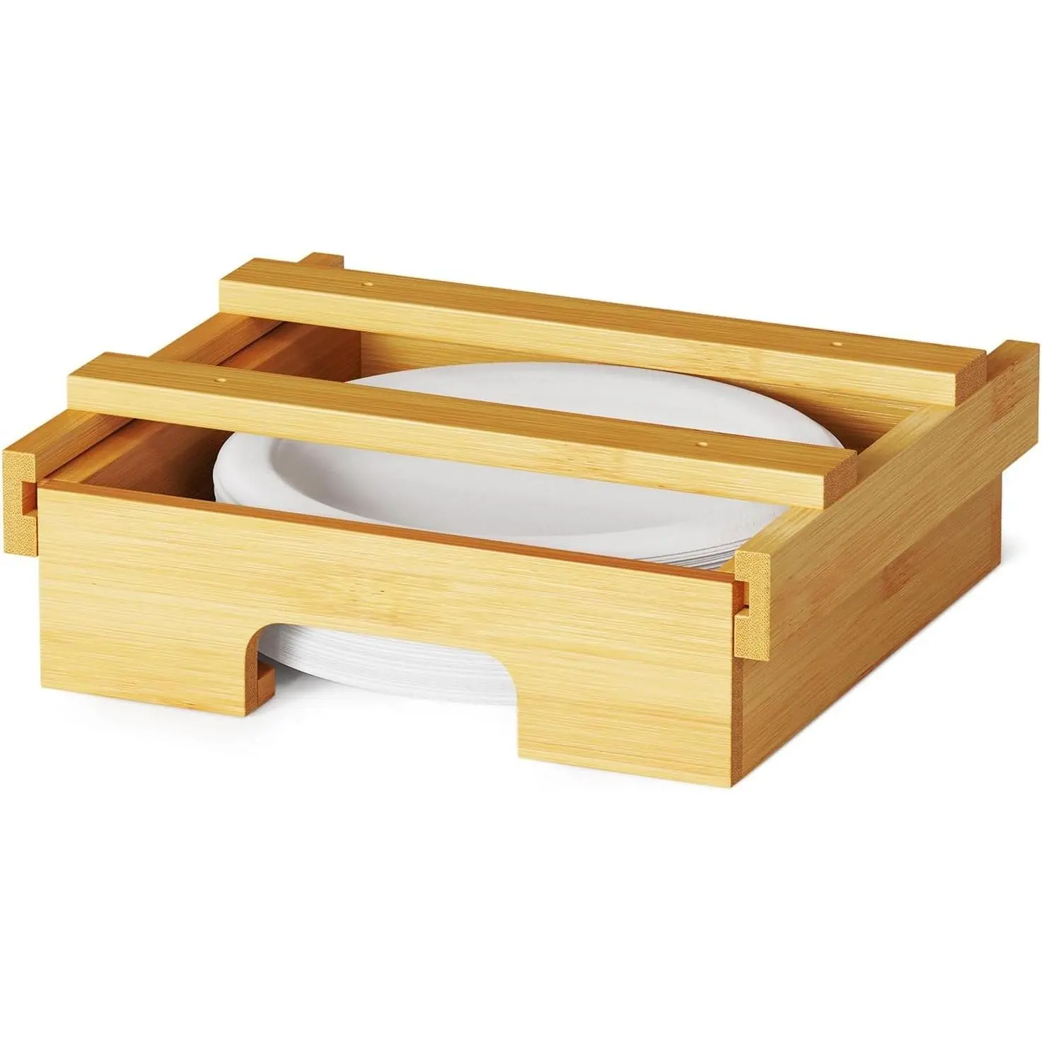 8.5-inch Paper Plate Dispenser, Under Cabinet Bamboo Plates Holder, Kitchen Counter Vertical Dipensers Holders Countertop Caddy, Bamboo