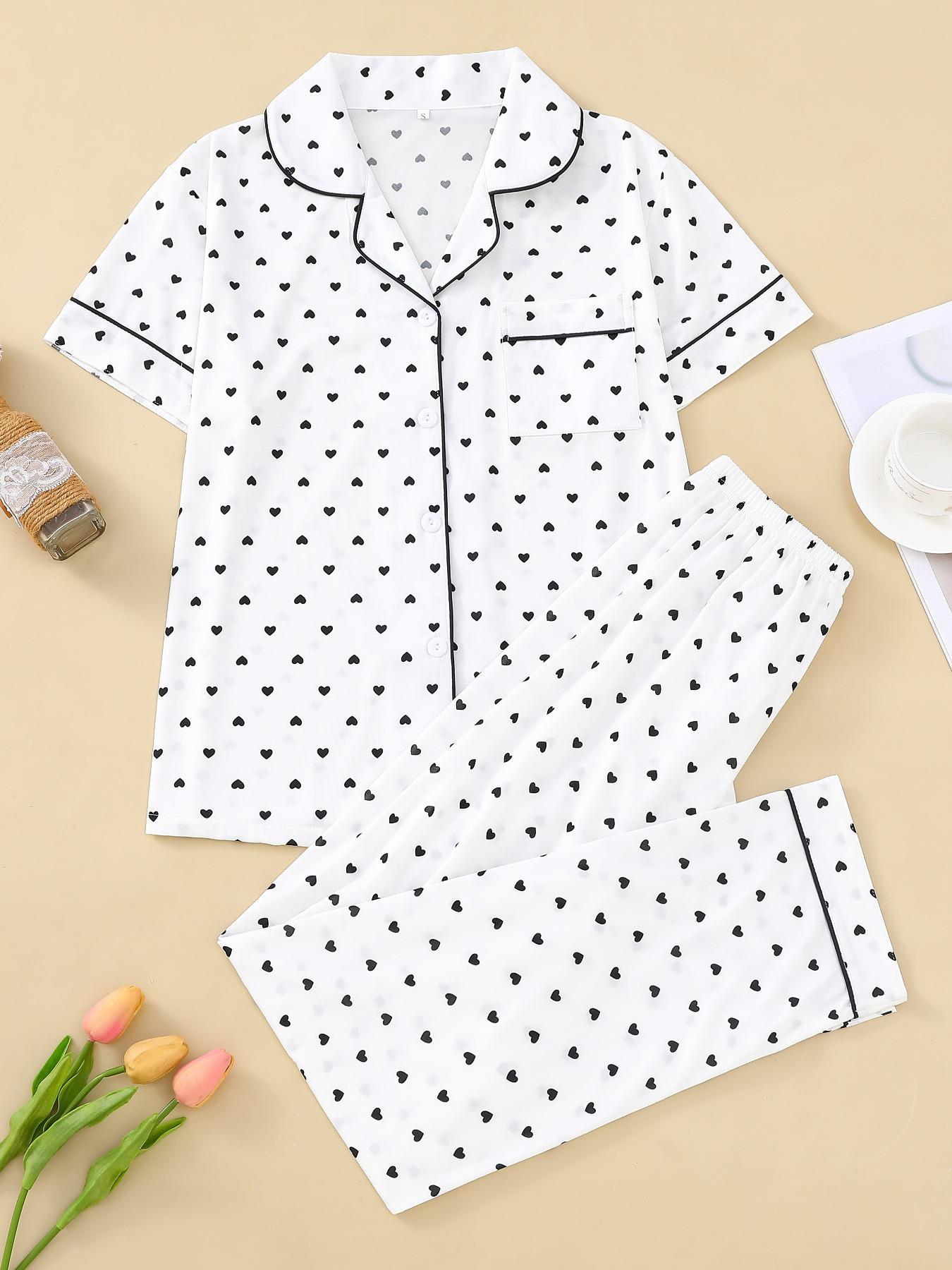 2 Pieces Women's Heart Print Pocket Button Front Shirt & Elastic Waist Pants Pyjama Set, Casual Short Sleeve Lapel Top & Trousers, Valentine's Day Gift, Women's Sleepwear for Summer