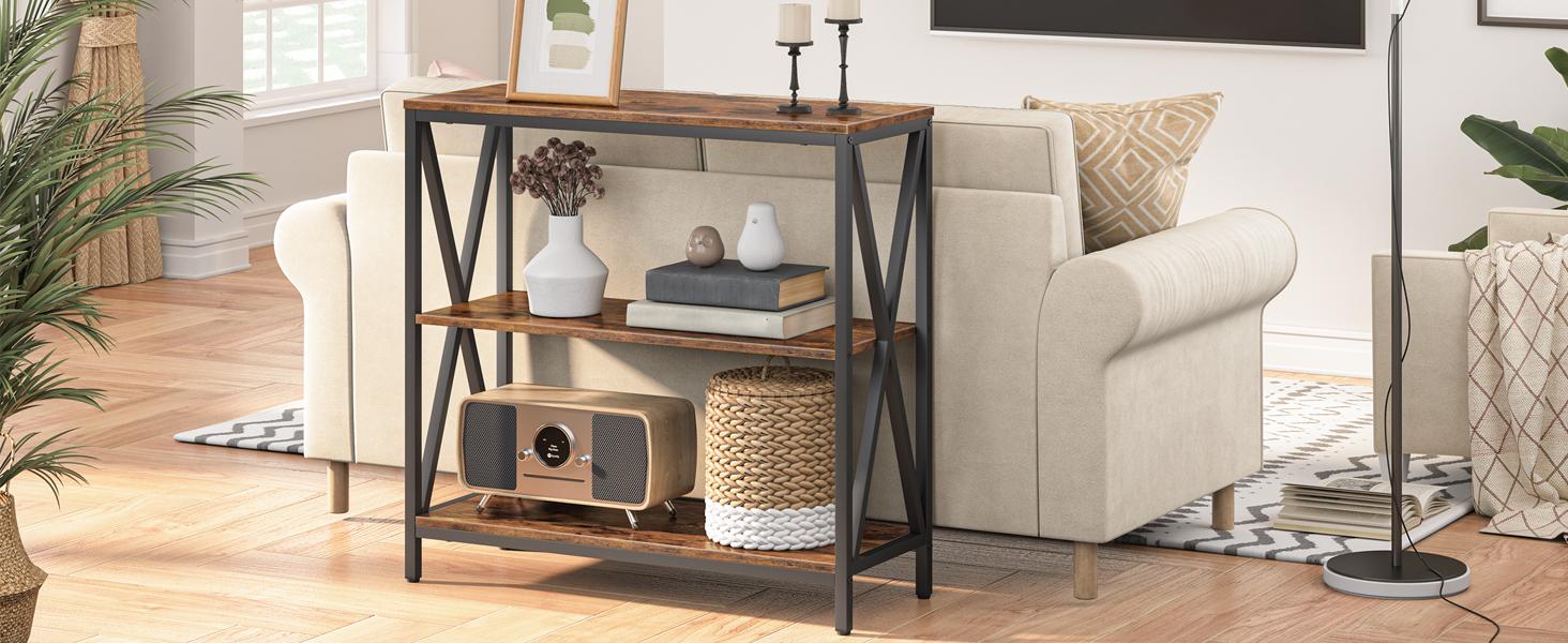 Sofa Table, Industrial Console Table, 3-Tier Narrow Side Table with Open Shelves, Foyer Table for Entryway, Hallway, Kitchen, Living Room and Bedroom, Easy Assembly