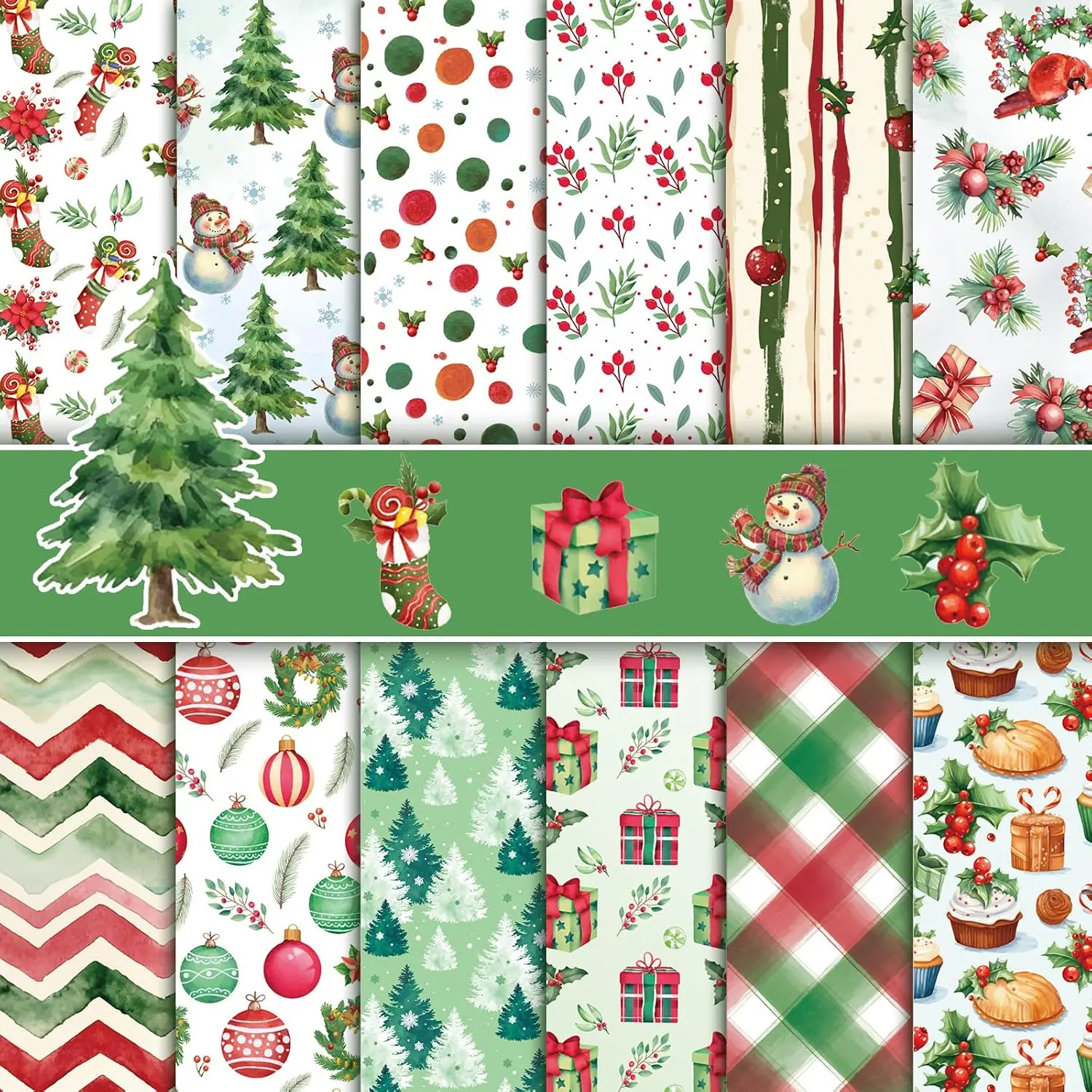 24 Sheets Christmas Scrapbook Paper 12x12, Double Sided Watercolor Christmas  Paper Xmas Decorative Papers Xmas Cardstock Pad Origami Papers for Card Making Scrapbook Supplies