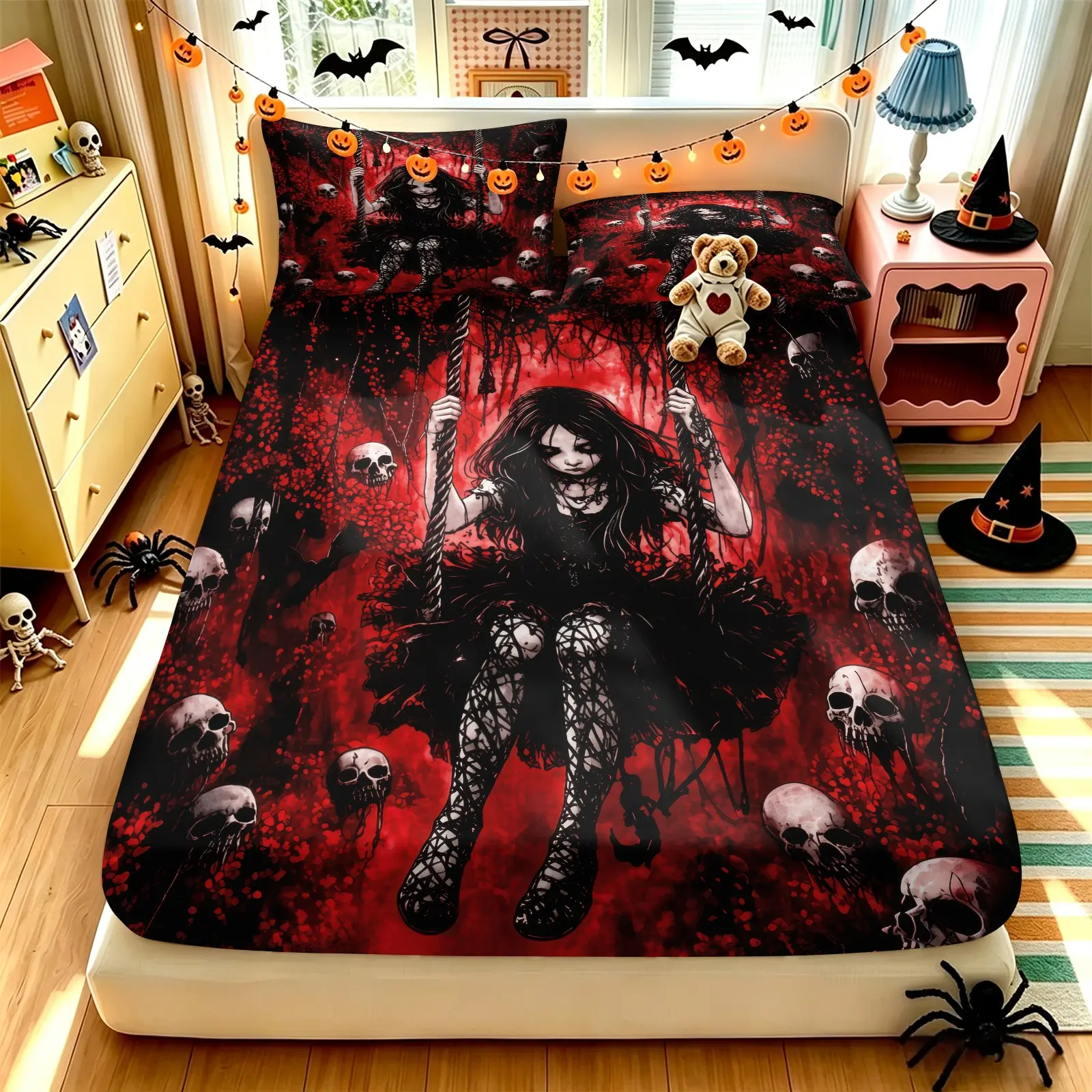 Gothic Dark Red Skeleton Witch Girl Fitted Sheet Set (1 Fitted Sheet + 2 Pillowcases), Soft Breathable Microfiber, All‑Around Elastic Deep Pocket Non‑Slip Bedding Set, Horror Skull Print, Spooky Gothic Halloween Bedroom Decor, Comfy Bed Sets