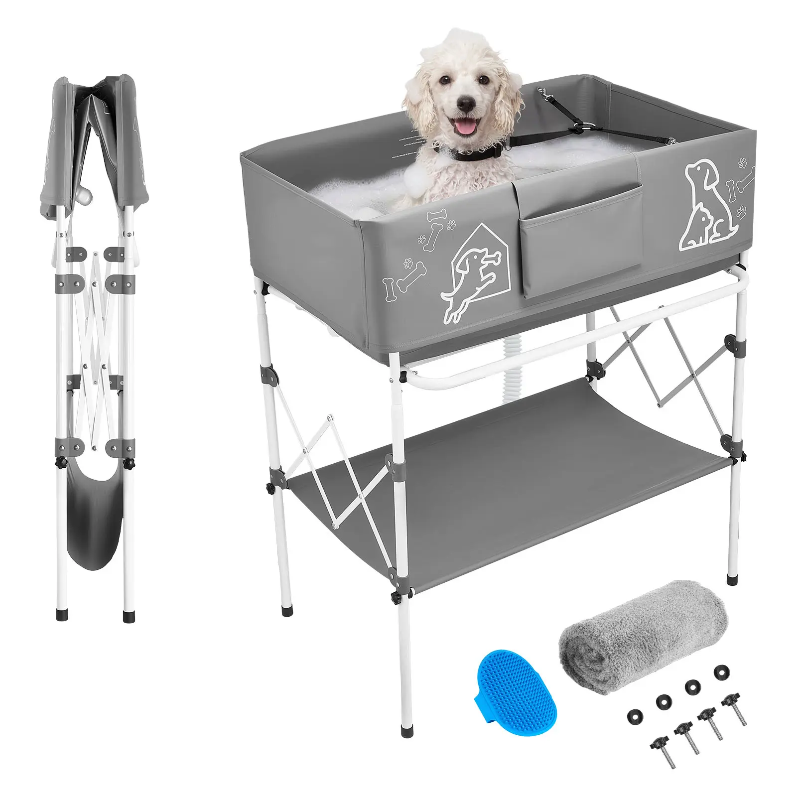 Dog Bathtub, Elevated Dog Bath Tub, Collapsible Pet Bathing Grooming Wash Station, Portable Foldable Space-saving, with Built-In Drain Hose for Small and Medium Pet Cat Indoor & Outdoor, Gray