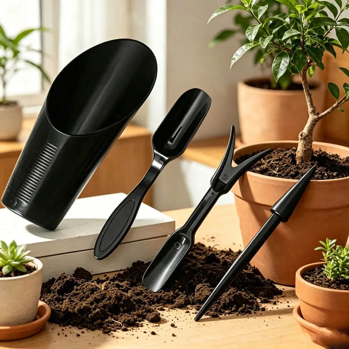 1 Set 4pcs Succulent Gardening Tools Kit, Essential Planter Accessories, Hole Puncher, Shovel Pot & Transplanter, Thickened Plastic for Bonsai Landscaping Home