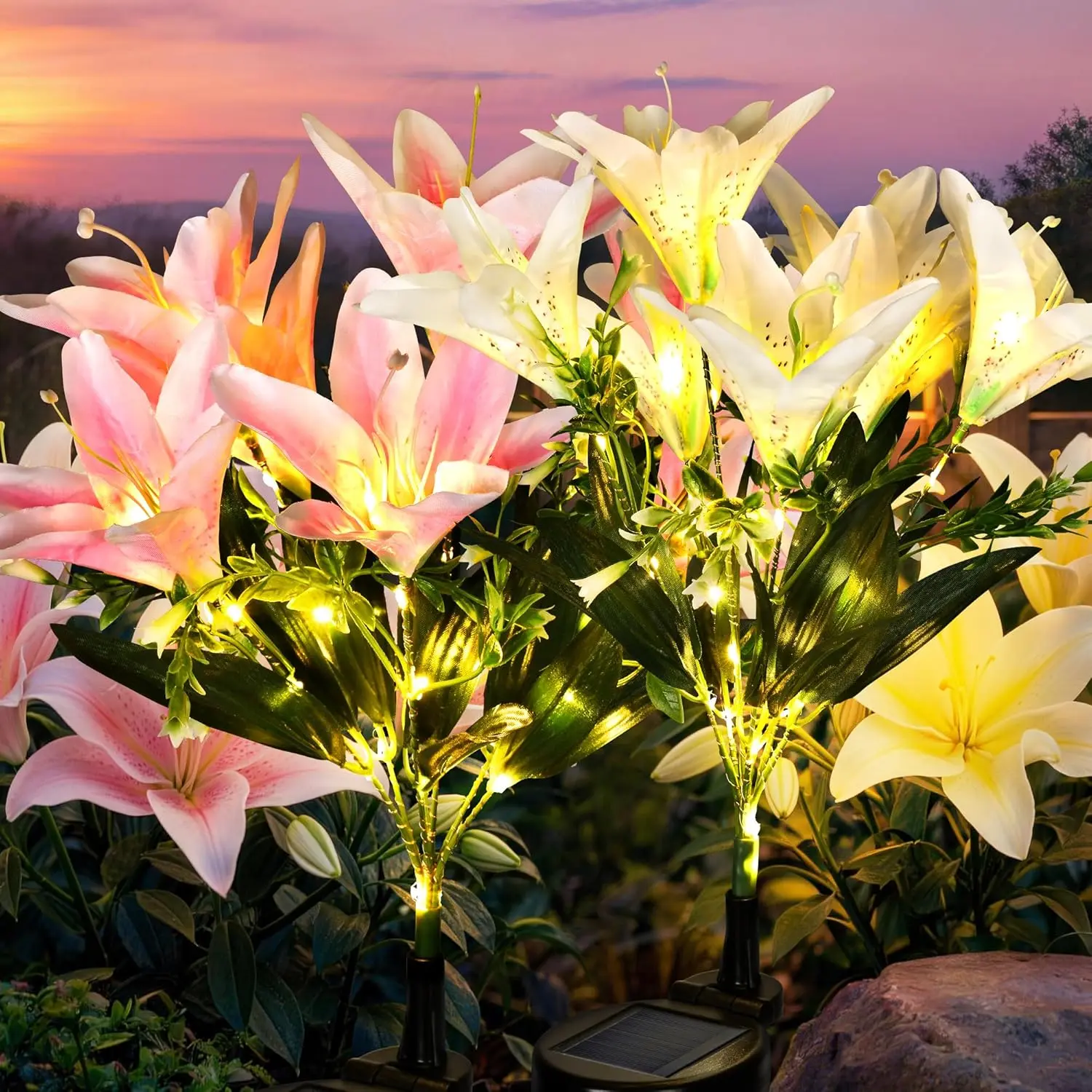 Solar Garden Lights, 2 Pack LED Lily Garden Decor Carefree Solar Flowers Outdoor Waterproof, Yard Decorations Outdoor, Allergy-Free Light up Flowers for Yard Patio (1White,1Pink)