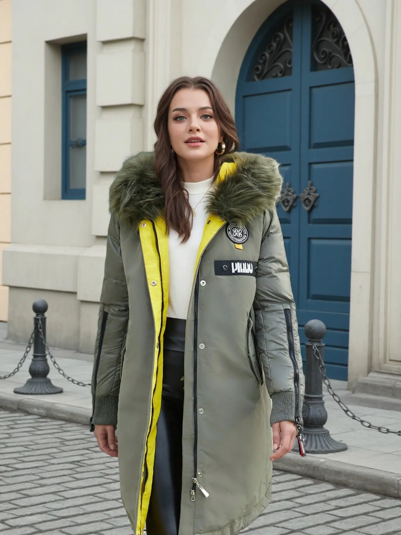 Women's Edgy Streetwear Winter Parka, Contrast Lining, Patch Detail, Zipper Sleeve, Heavyweight Fur Hood Coat, Fashionable Outerwear
