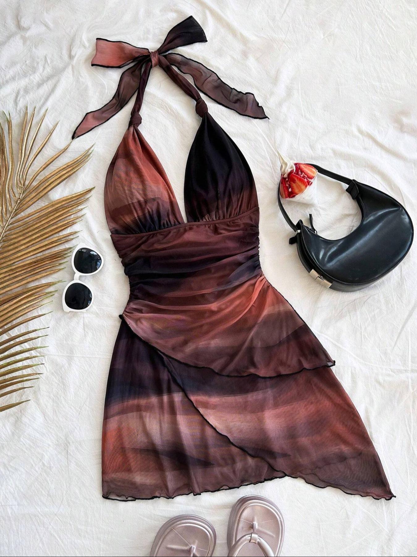 Women's Colorblock Print Tie Back Fashion Draped Dress, Chic Casual Halter Sleeveless Dress for Summer, Ladies Clothes for Beach Holiday Vacation