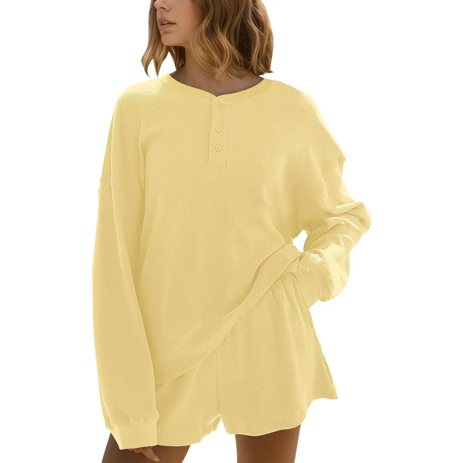 Women's 2-Piece Waffle Knit Lounge Set - Long Sleeve Oversized Sweatshirt, Elastic Waist Shorts, Knit Fabric, Casual Wear, Fall Women's Matching Sets, Long Sleeve Tops, Pajama Set