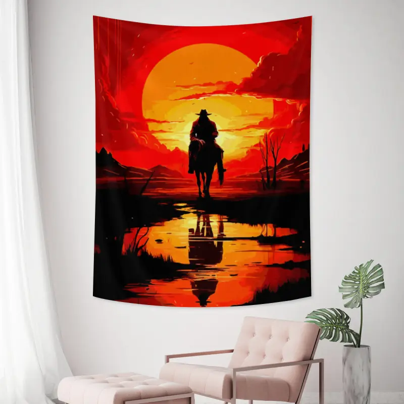 Western Cowboy Horse game Tapestry - Large Orange Sun Set Silhouette Rider Wearg Hat Wilderness Path Water Reflection Poster Wall Hangg, Retro Wild West Desert Landscape Fabric Banner
