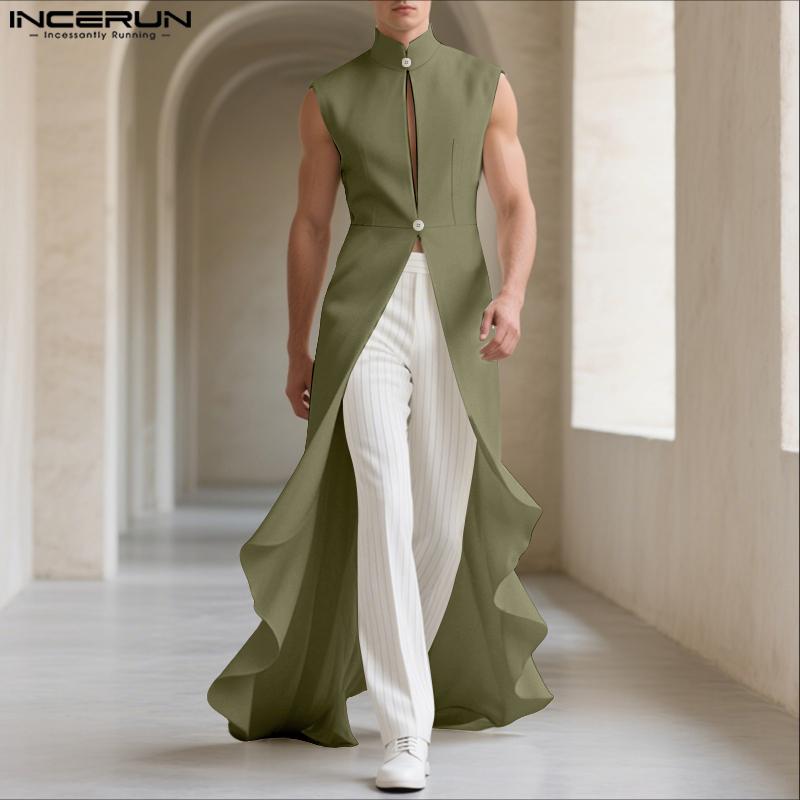 INCERUN Men's Deconstructed Long Solid Vest - Stand Collar & Flounced Hem. Avant-garde yet wearable for elevated daily style
