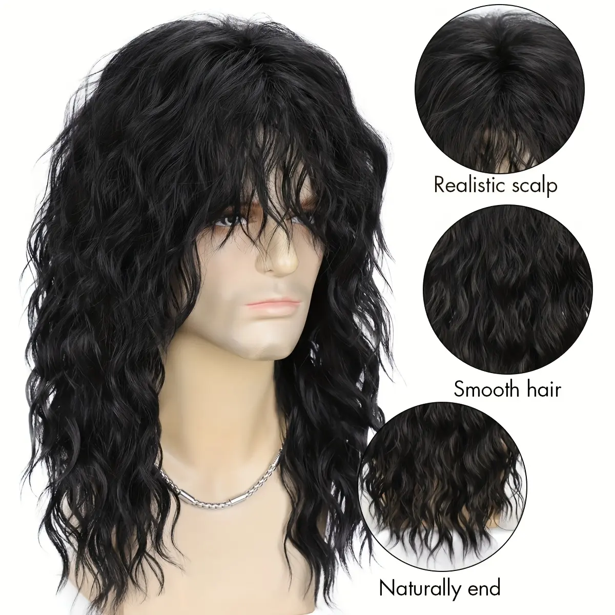 1 piece of men's 70s/80s rock punk wig, featuring heat-resistant long curly hair, with a breathable mesh cap, suitable for themed parties, music festivals, Halloween, and cosplay (black, vintage rock star style synthetic hair)