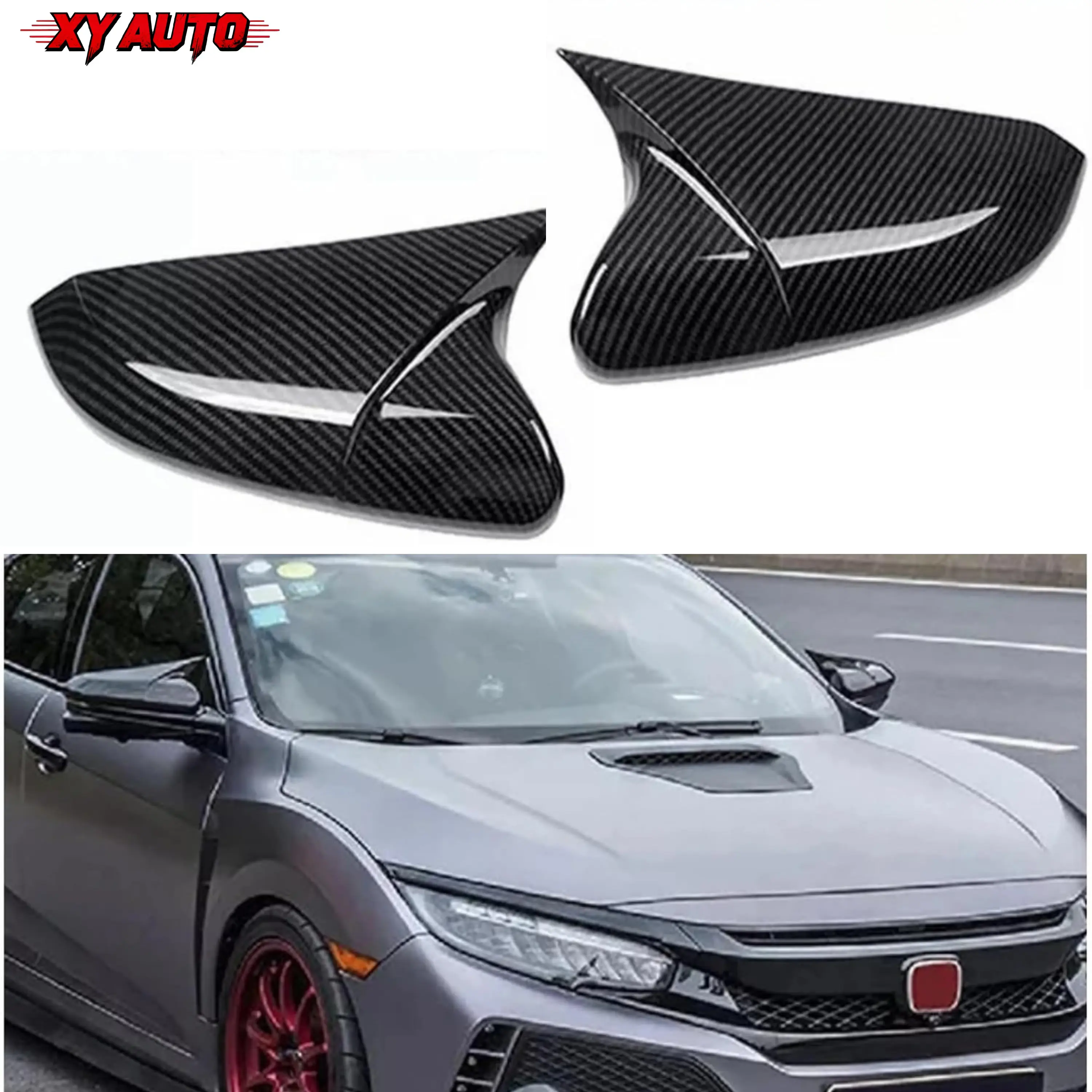 Fit for 10th Gen Honda Civic 2016-2021, ABS Ox Horn Side Mirror Cover Caps, Carbon Fiber Style Rearview Door Side Mirror Trim Cover