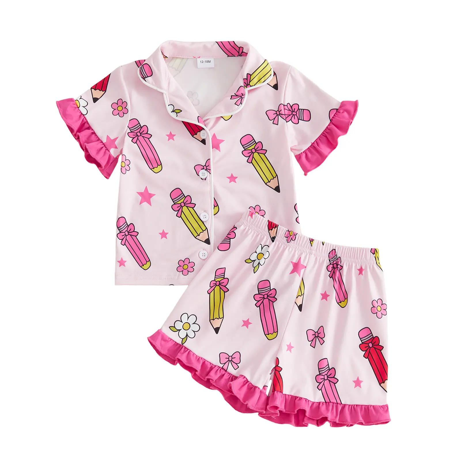 Babamoon Toddler Girl Back to School Silk Pajamas Short Sleeve Apple Pencil Bow Print Shirt+Shorts First Day of School Outfits