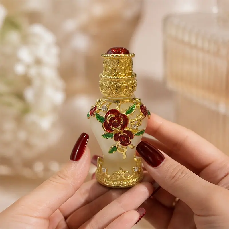 1PCS 8ML Luxury Vintage Rose Decorative Essential Oil Bottle, Leak-Proof Frosted Glass Mini Perfume Container, Ideal for Outdoor Travel, Daily Use