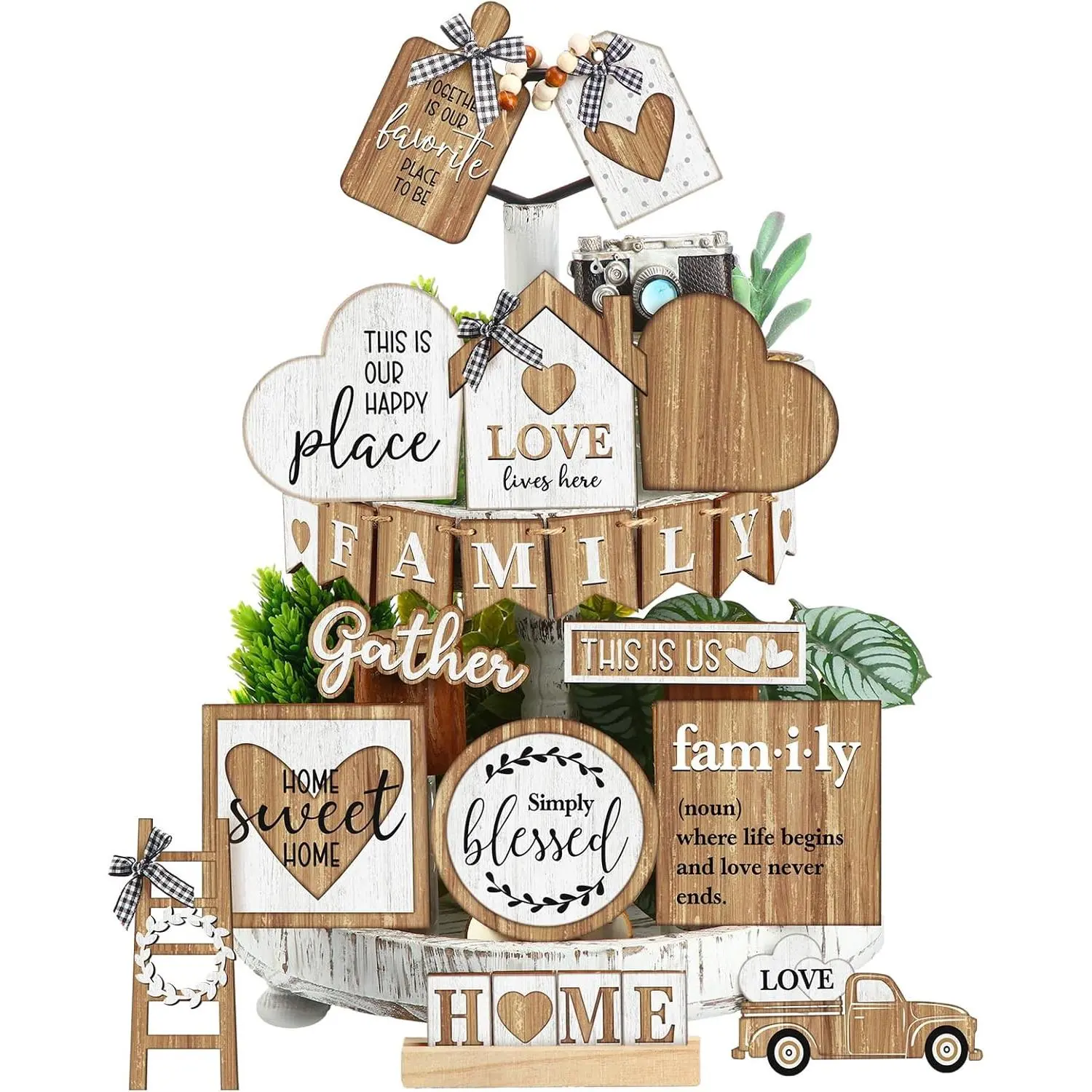 21 Pcs Farmhouse Tiered Tray Decor Set Rustic Farmhouse Wood Decor Sign Vintage Rustic Family Gather Blessed Tiered Tray This is Our Happy Place Tabletop Sign for Home Kitchen Table Shelf