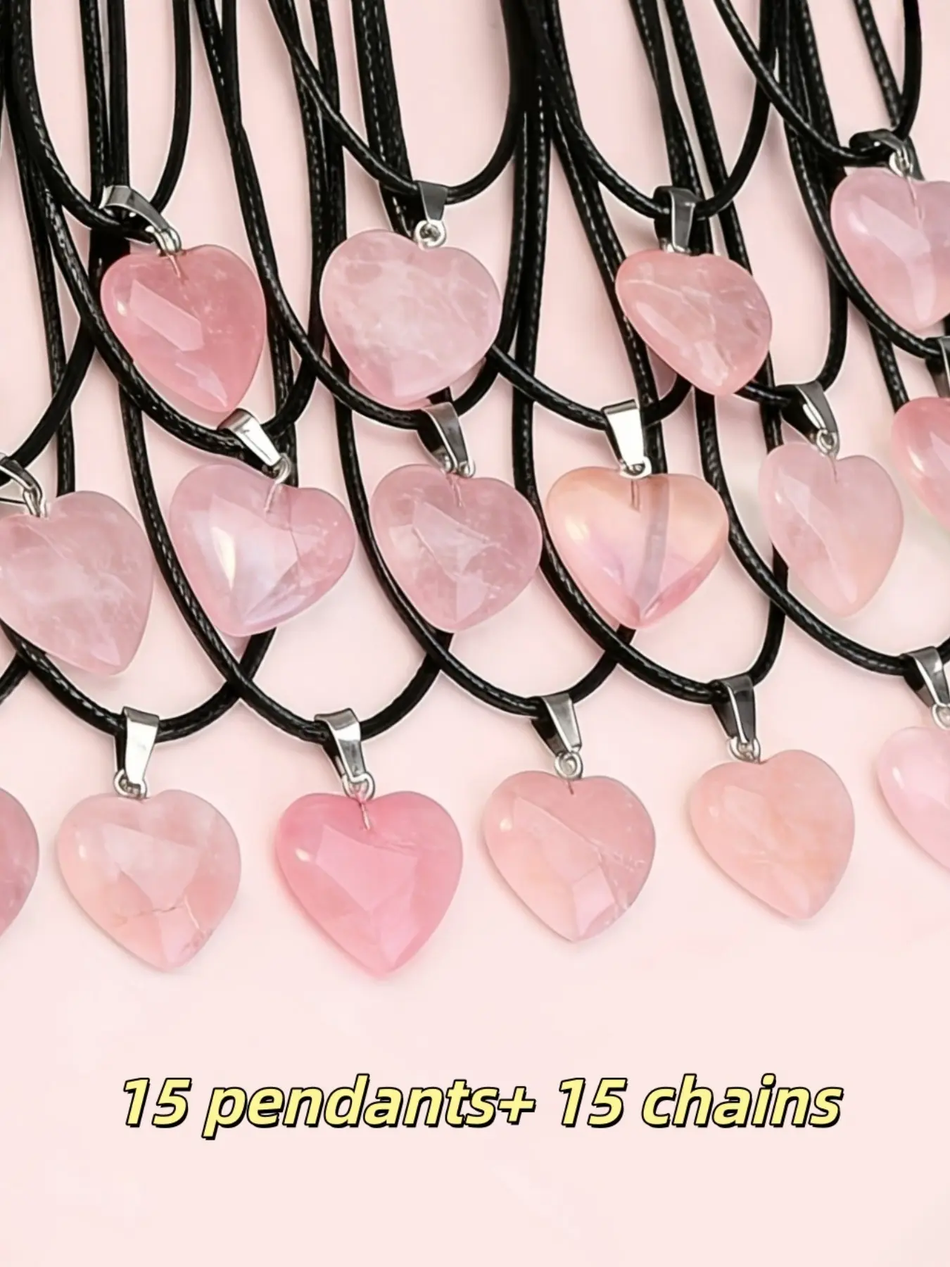 30 piece set of heart-shaped natural powder crystal pendant, Hearts pendant, transparent powder crystal heart wheel healing original stone pendant, DIY handmade jewelry accessories, daily necklace (15 pendants+15 chains)