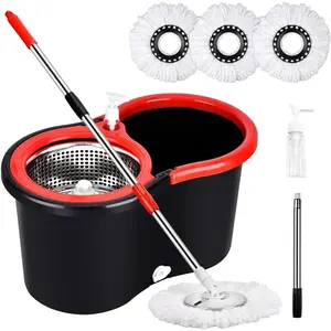 360 Spin Mop Bucket Set Wringer System with 3 Microfiber Refills and Stainless Steel Adjustable Extendable Pole - Plastic Bucket Cleaning Household Items