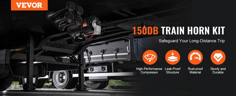 VEVOR Train Horns Kit, 4 Trumpet Air Horn Kit, 150dB Train Horns for Pickup Trucks, 12V 120 psi Air Compressor 0.8 Gal/3 L Tank with Gauge for Any 12V Vehicle Car Truck Train Van Boat Power Sound Accessory VEVOR Super Brand Day VEVOR Train Horns Kit, 4 Trumpet Air Horn Kit, 150dB Train Horns for Pickup Trucks, 12V 120 psi Air Compressor 0.8 Gal/3 L Tank with Gauge for Any 12V Vehicle Car Truck Train Van Boat Power Sound Accessory VEVOR Super Brand Day