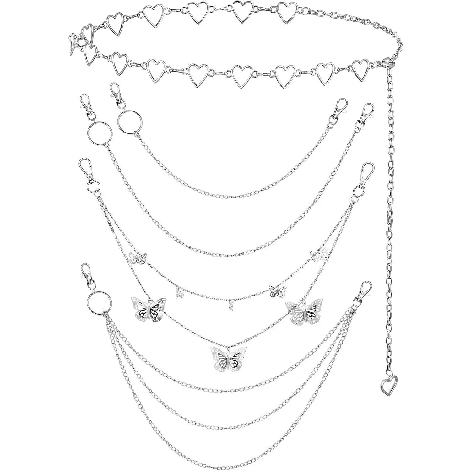 Multi-layer metal chain belt, butterfly decoration, silver color |   Y2K hip-hop style belt, adorned with a butterfly pendant, can be paired with jeans, skirts, trousers, and features an adjustable pocket accessory, suitable for both men and women