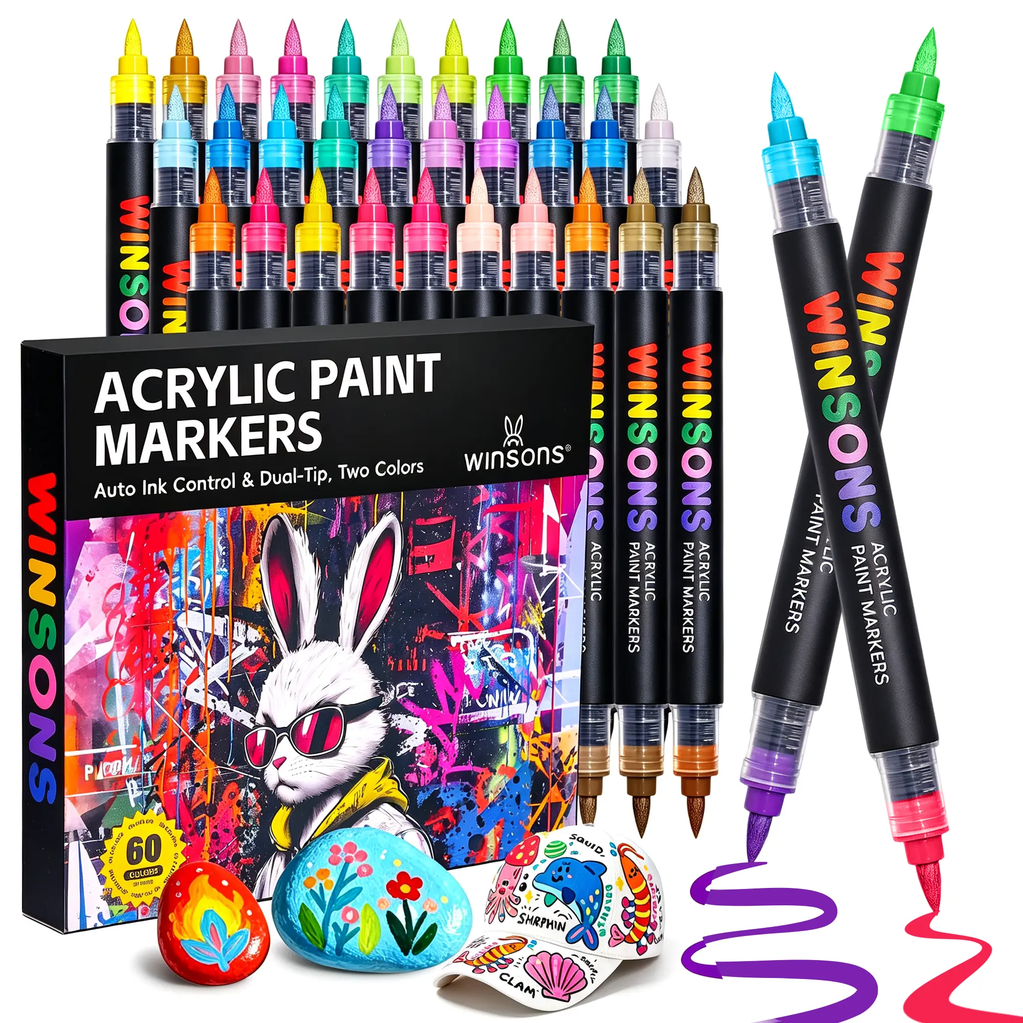 WINSONS 60-Color Auto Ink-Flow Acrylic Paint Markers, Office Stationery Writing Tool for Drawing & Colouring