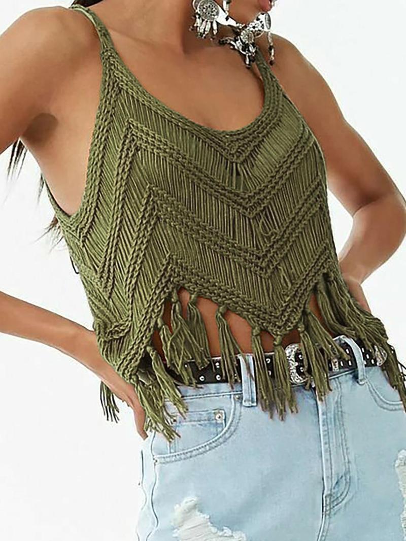 Women's Plain Fringe Trim Cami Top, Casual Fitted Sleeveless Top for Summer, Fashion Women's Knitwear for Daily Wear