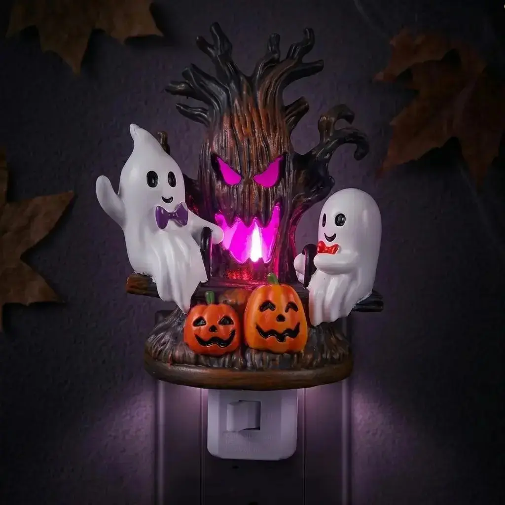 Swinging Ghost Night Light - LED Resin Figurine Lamp with Halloween Design for Bedroom Desk, Living Room and Seasonal Party Decor