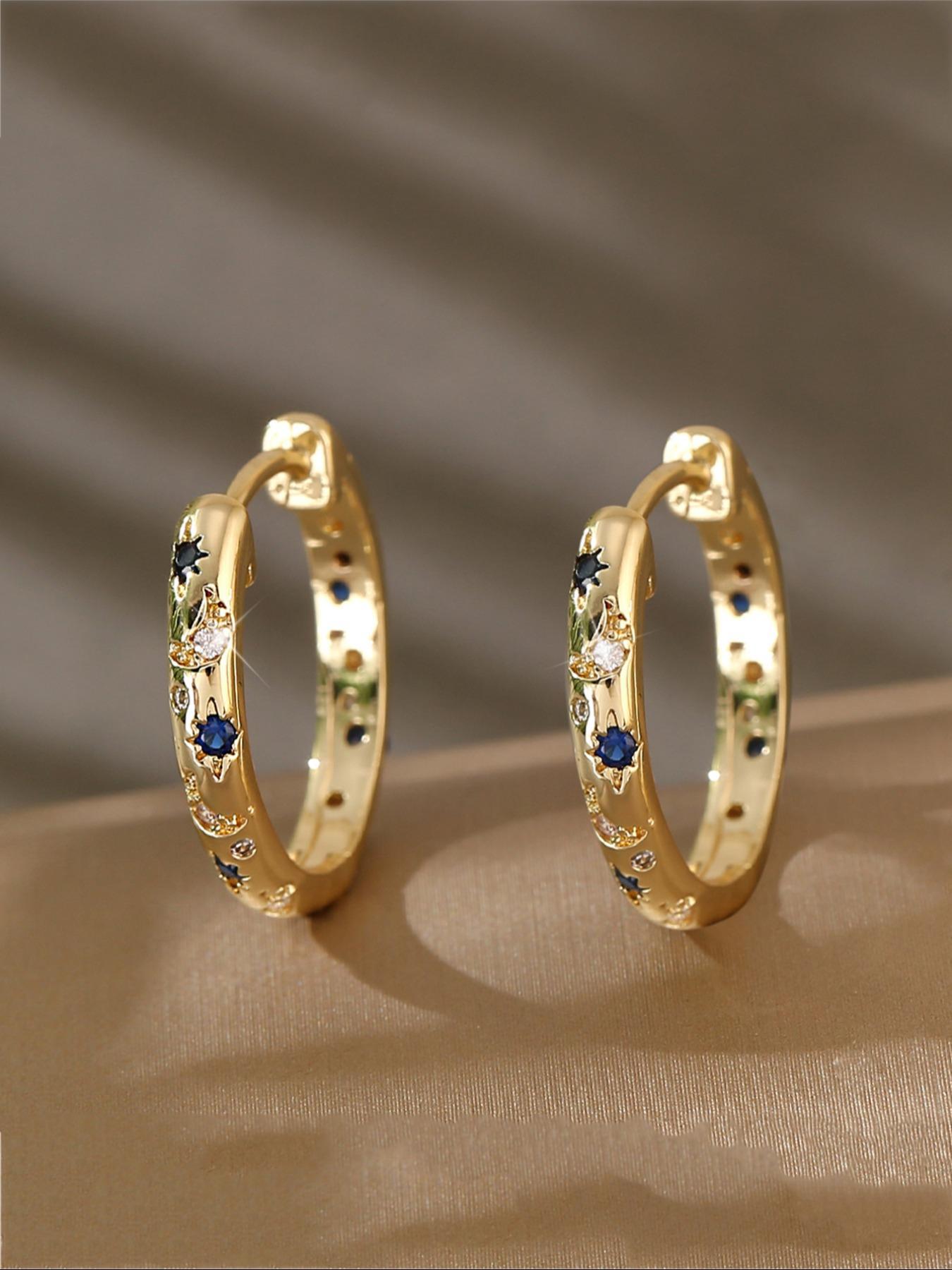 Vintage Star & Moon Decor Hoop Earrings, Fashionable Rhinestone Decorated Earrings for Women, Trendy All-match & Exquisite Jewelry for Birthday Gift, Statement Earrings, Fashion Accessory