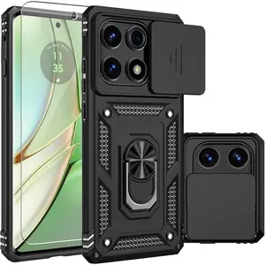 for Motorola Edge 2025 Case, Built in Slide Camera Lens Cover+ Finger Ring Holder Kickstand+ Screen Protector, Heavy Duty Shockproof Full Body Protective Phone Case, Black