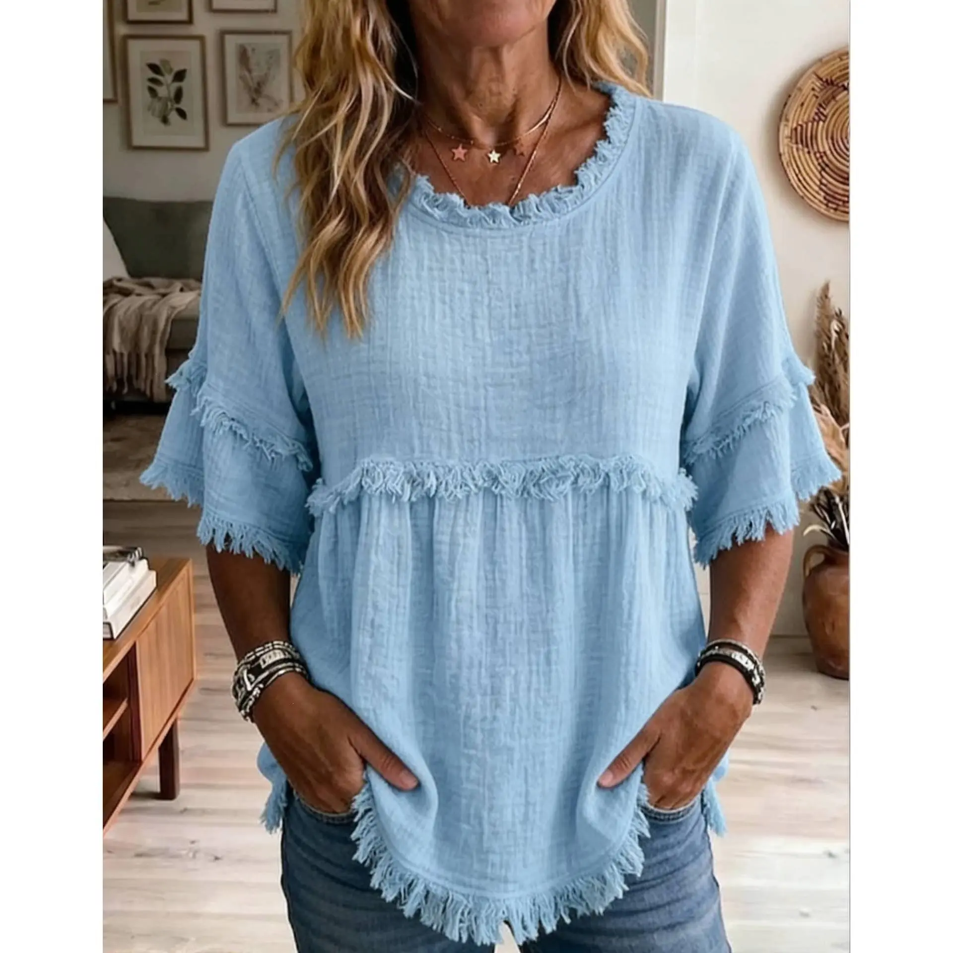 2026 Round Neck Pullover Short Sleeve Loose-Fit Women's Shirt Casual Women's Top