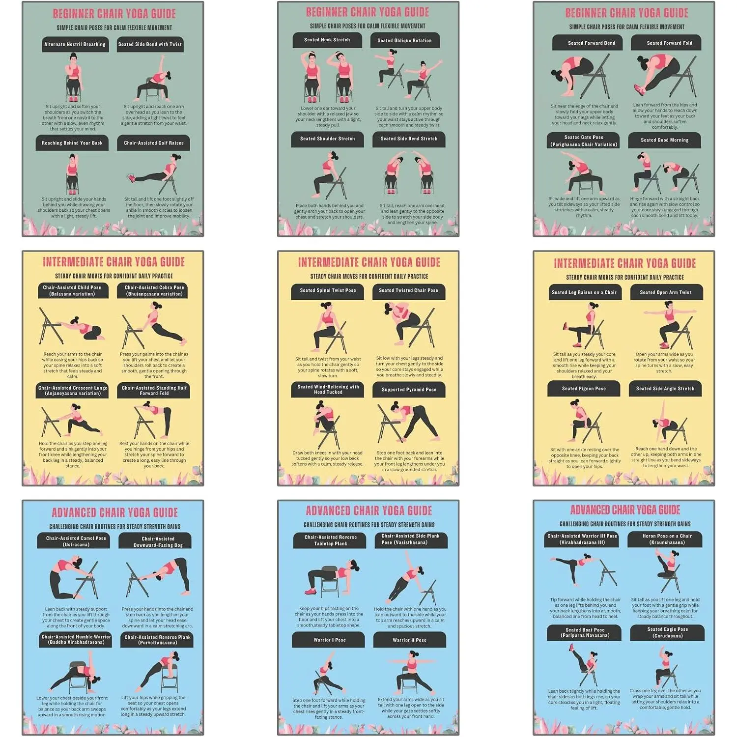 Chair Yoga Exercise Chart for Seniors and Beginners, 3-Level Program, Seated and Chair-Assisted Poses, Flexibility,  and , Large Workout Poster