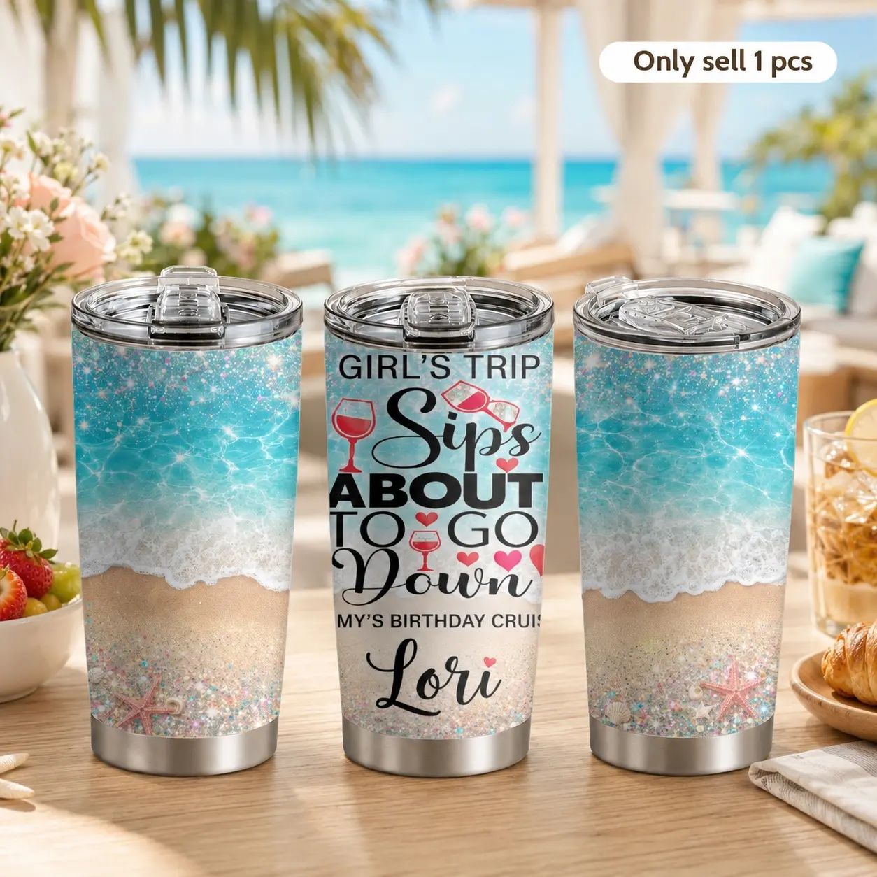 Beach Vacation 20oz Tumbler with Straw & 2 Lids, Tropical Ocean Art Stainless Steel Travel Mug, Personalized Girls Trip Cruise Cup, Double Wall Vacuum Insulated Coffee Tumbler, Leakproof Cup Holder Friendly Drinkware for Travel & Office